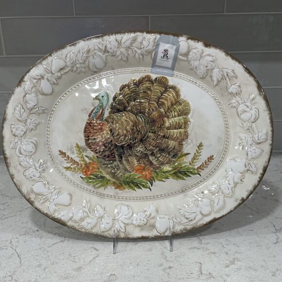 Turkey Platter Rustic Melamine Serving Thanksgiving 18.5 x 14.25” Rachel Ashwell - Picture 1 of 8